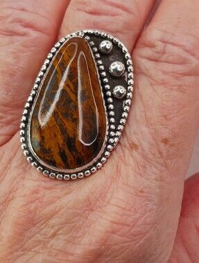 VTG Ring Sz 9.25 Native American mark "B" sterling mahogany obsidian cabochon
